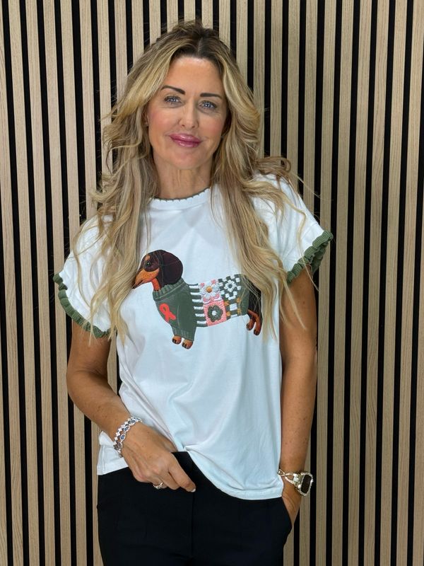 Sausage Dog Print T-Shirt - White/Khaki