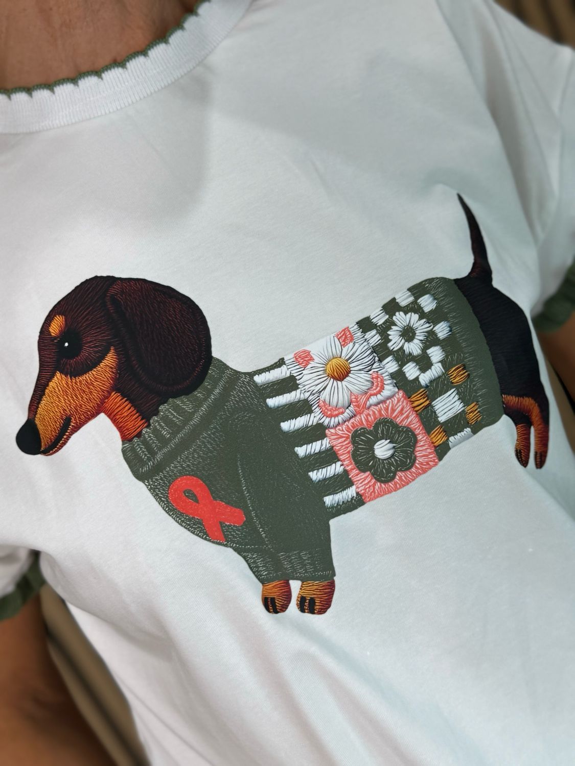 Sausage Dog Print T-Shirt - White/Khaki