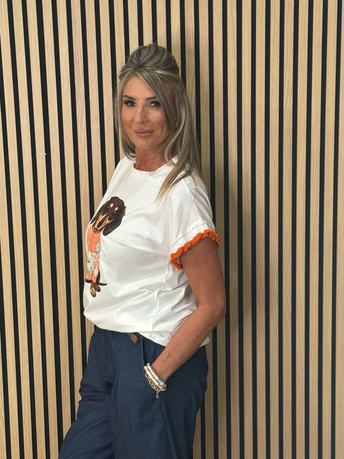 Sausage Dog Print T-Shirt - White/Orange