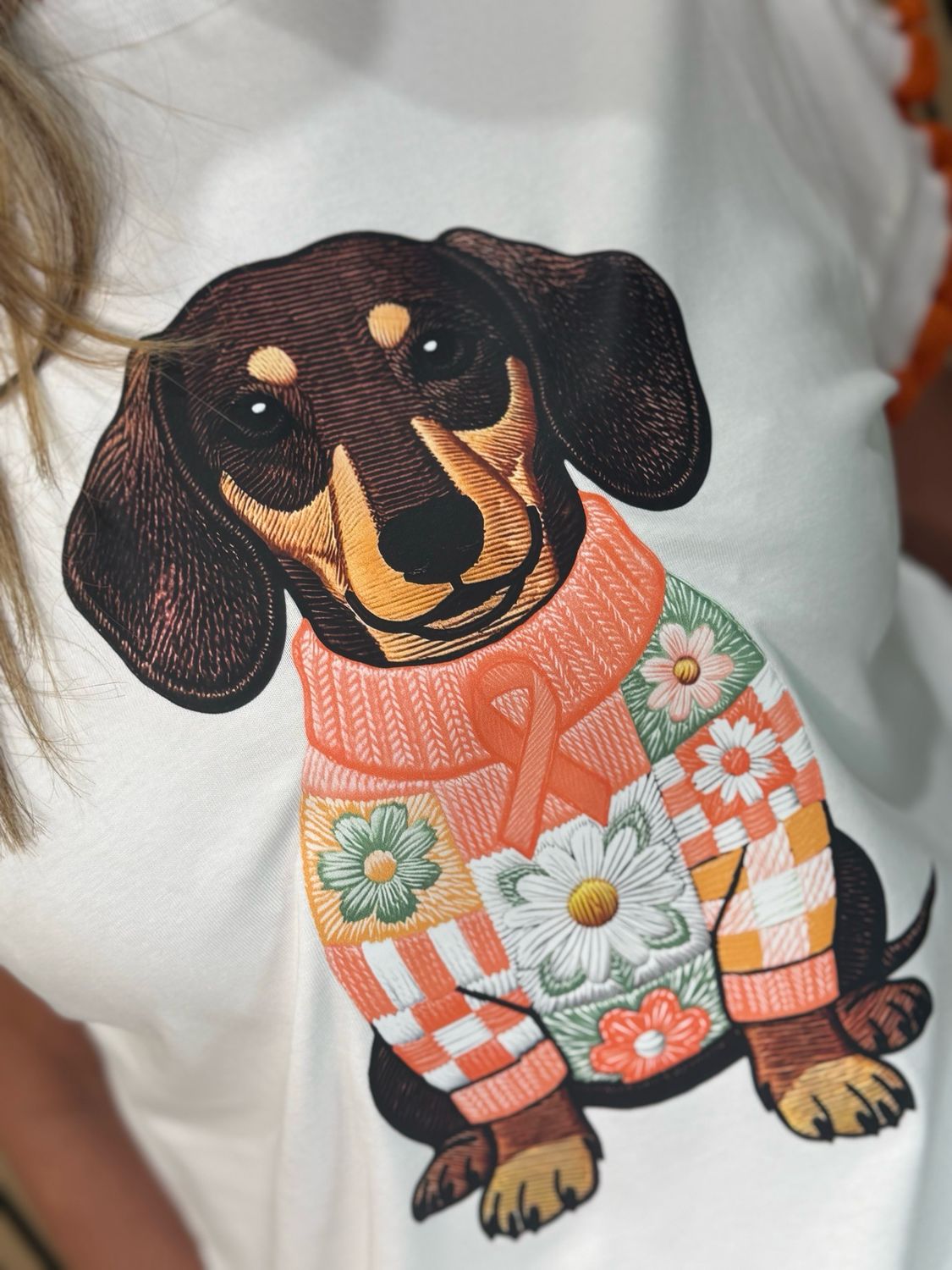 Sausage Dog Print T-Shirt - White/Orange