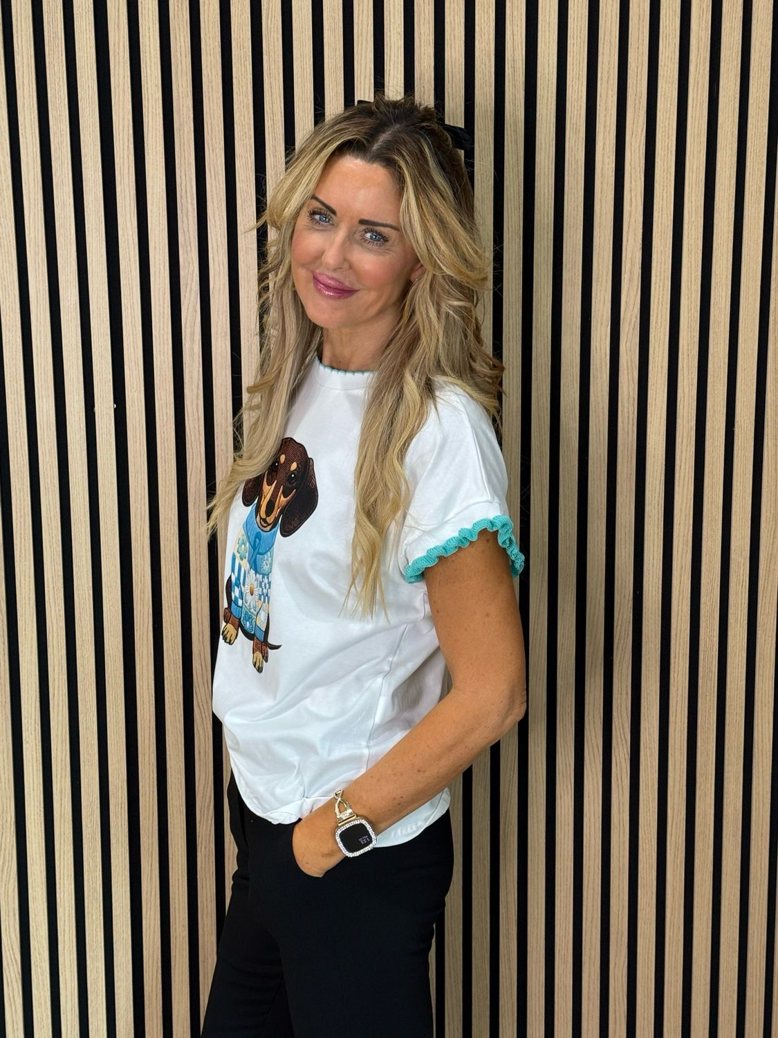 Sausage Dog Print T-Shirt - White/Aqua