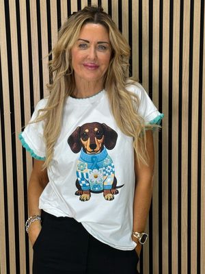 Sausage Dog Print T-Shirt - White/Aqua