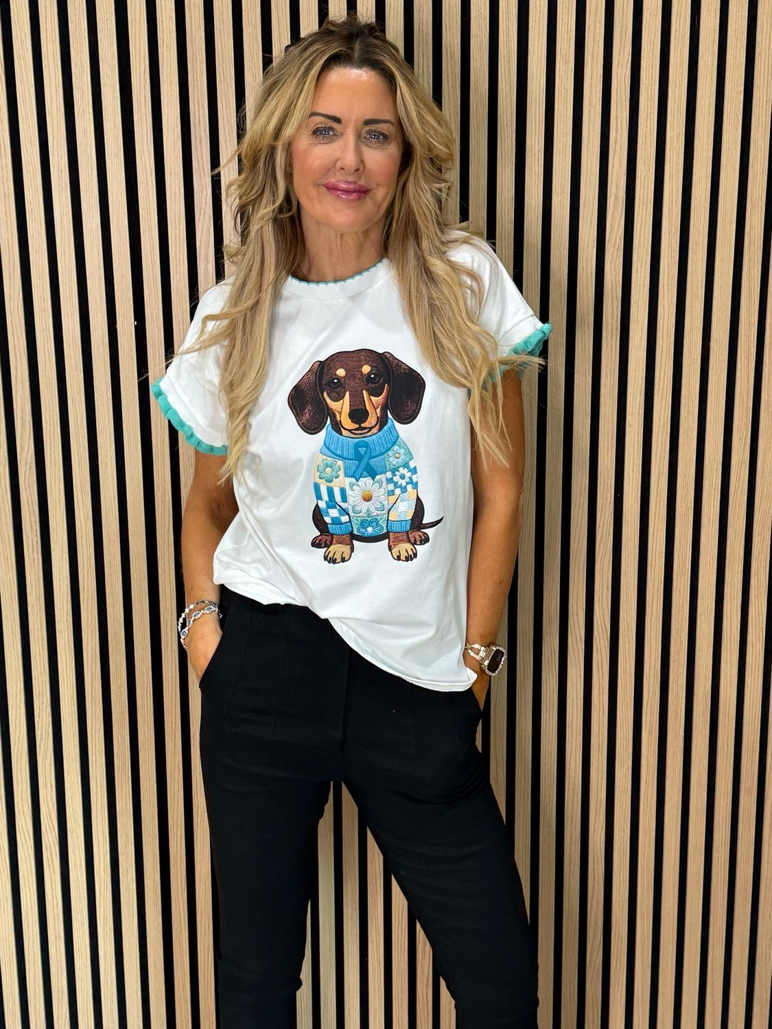 Sausage Dog Print T-Shirt - White/Aqua