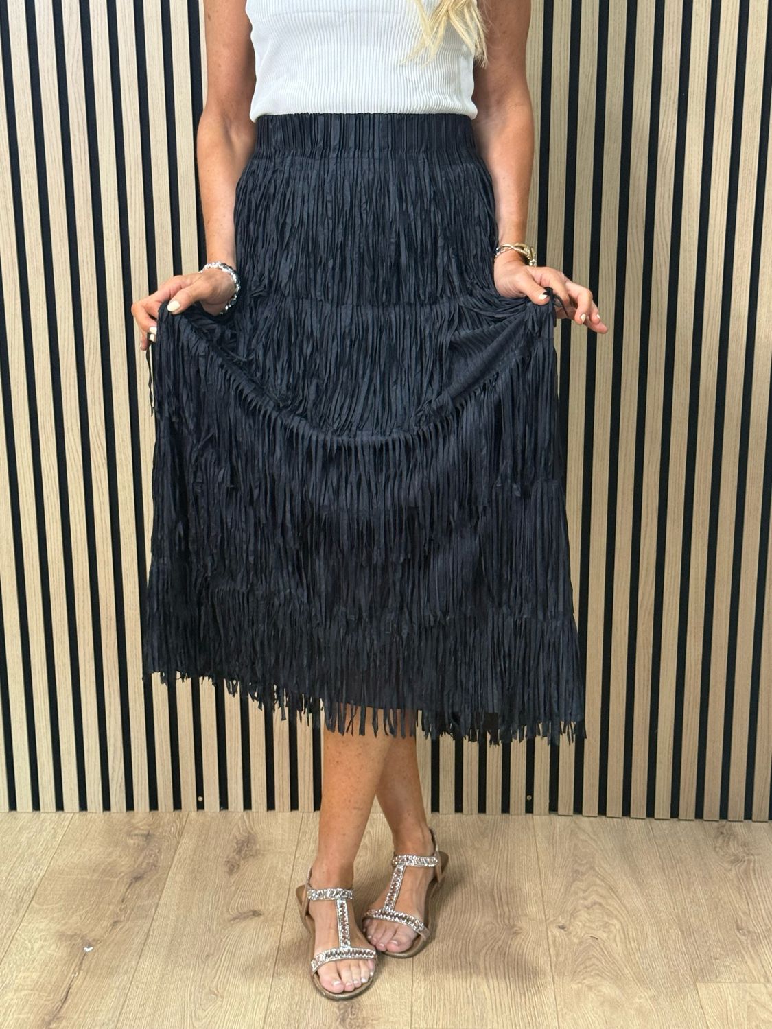 Boho Fringe Maxi Skirt - Black