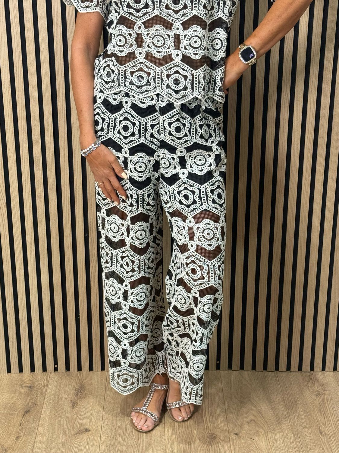 Crochet Lace Trouser Suit Set - Black/White