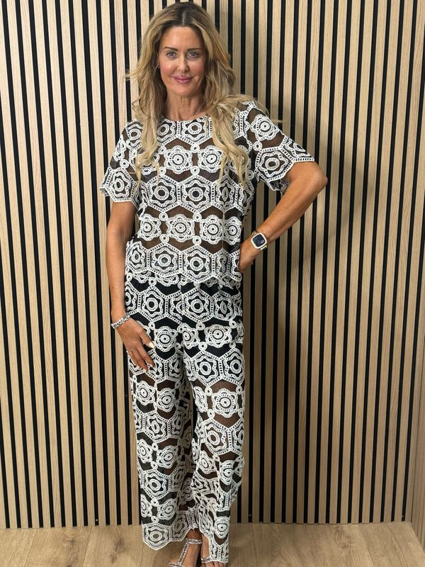 Crochet Lace Trouser Suit Set - Black/White