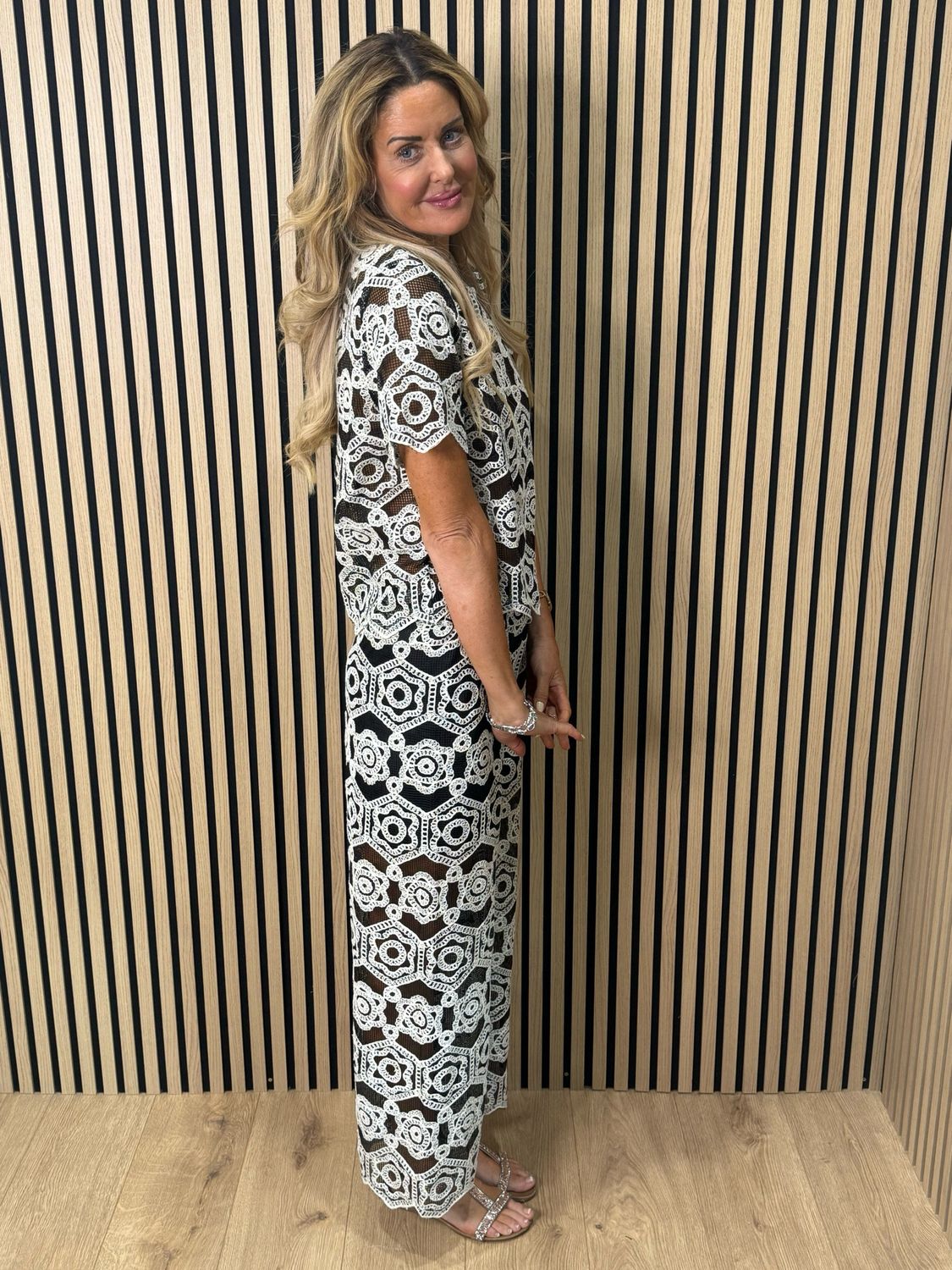 Crochet Lace Trouser Suit Set - Black/White