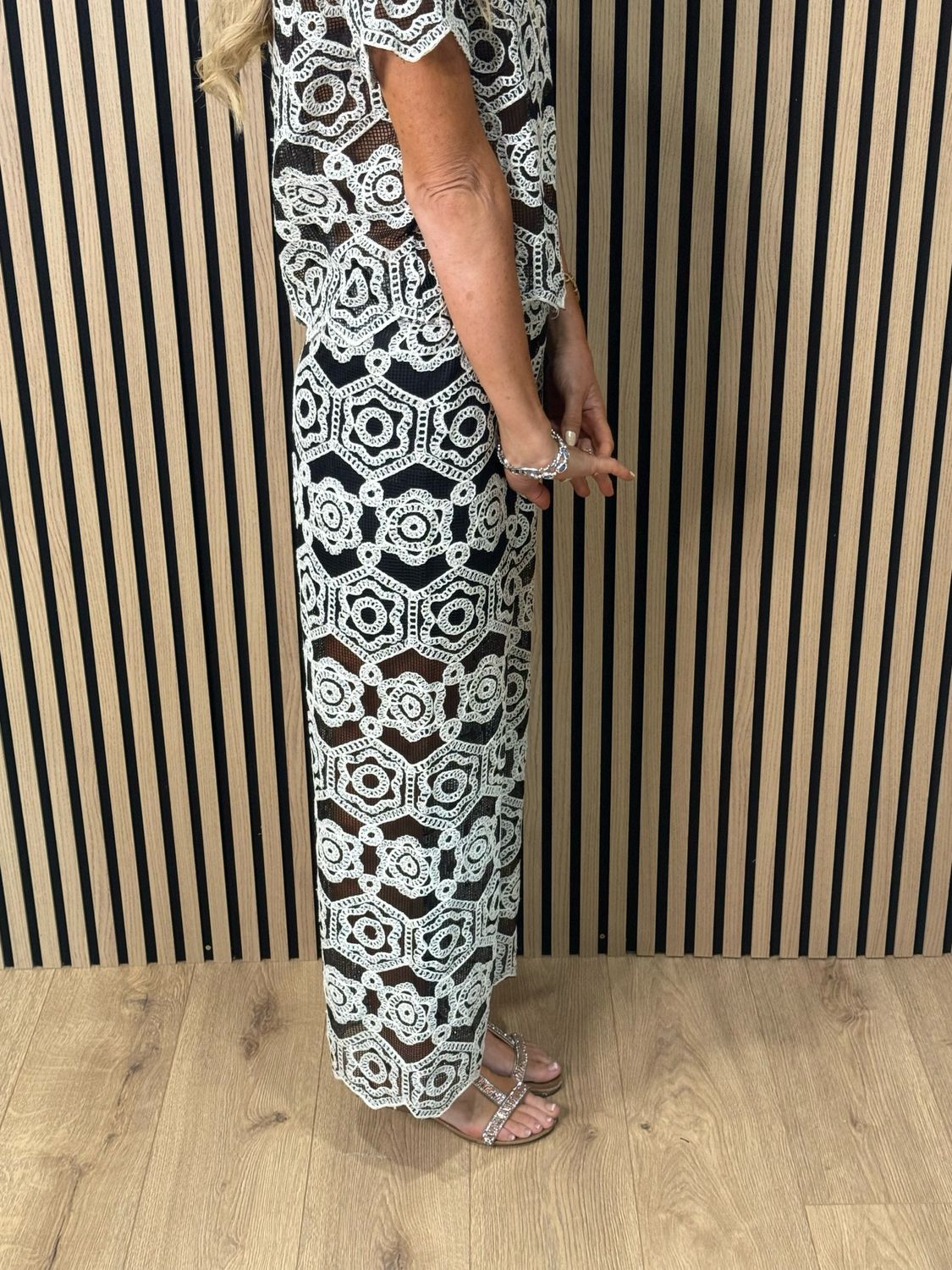 Crochet Lace Trouser Suit Set - Black/White