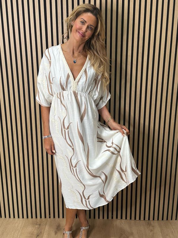 Boho Embroidered Maxi Dress - Cream/Taupe