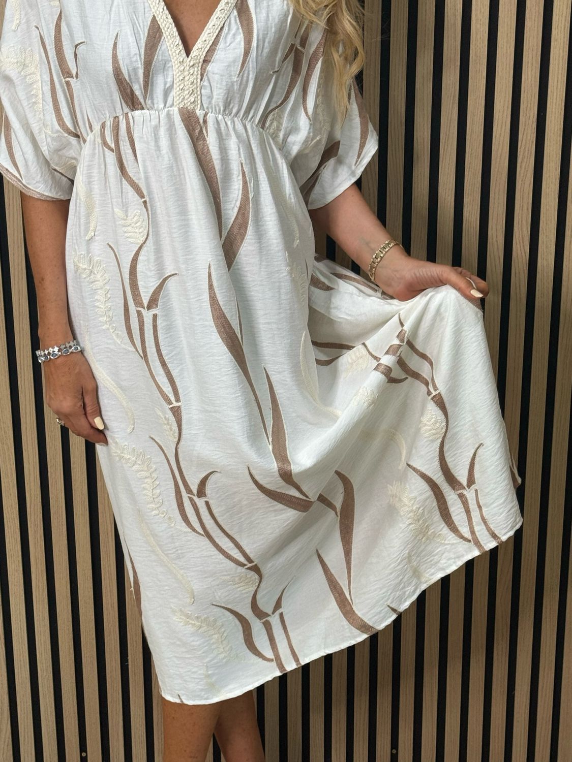 Boho Embroidered Maxi Dress - Cream/Taupe