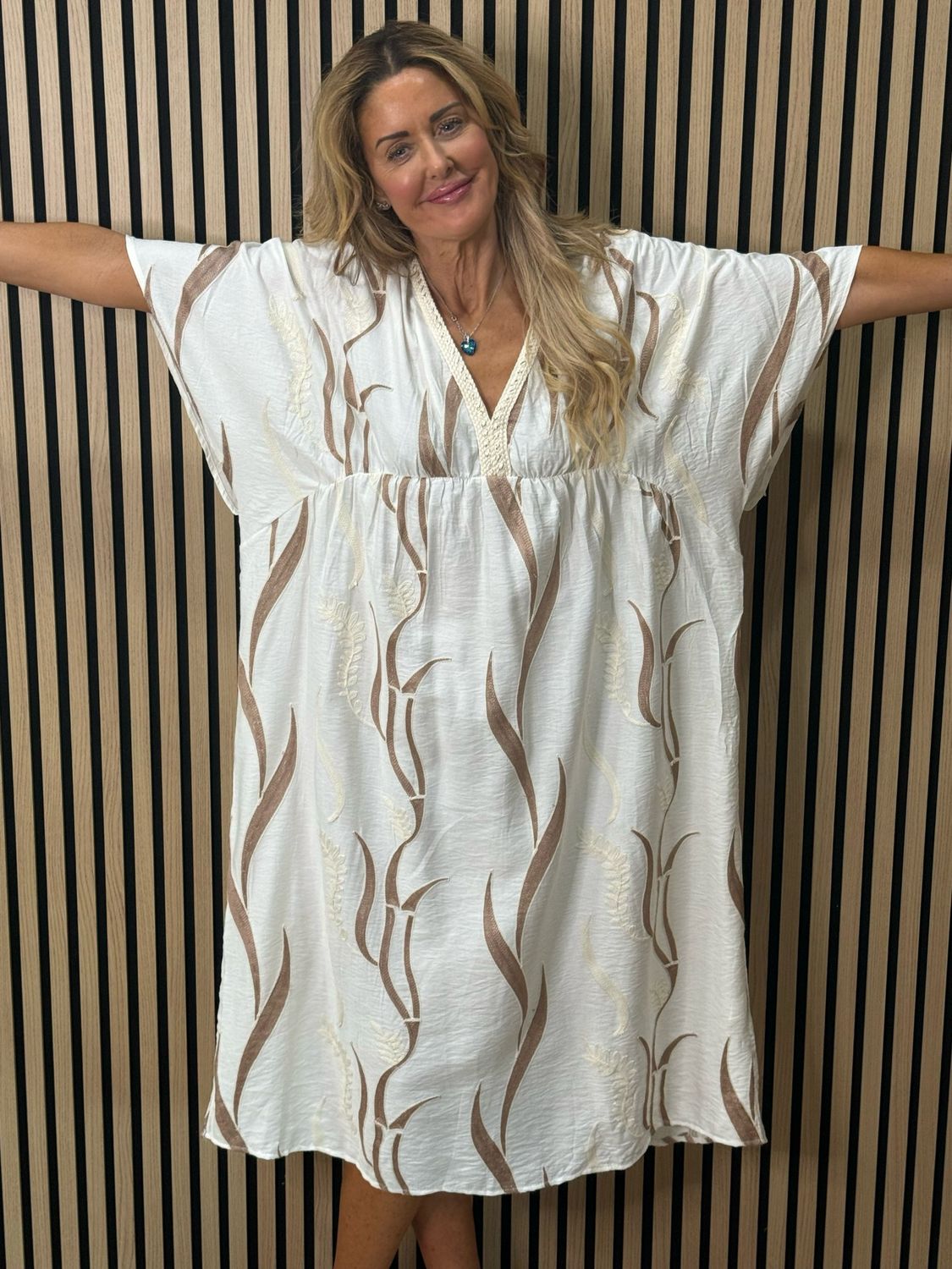 Boho Embroidered Maxi Dress - Cream/Taupe