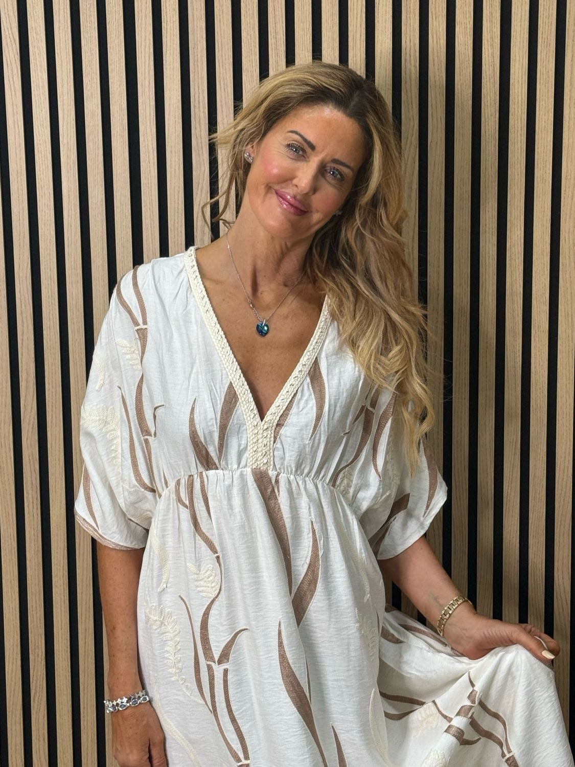 Boho Embroidered Maxi Dress - Cream/Taupe