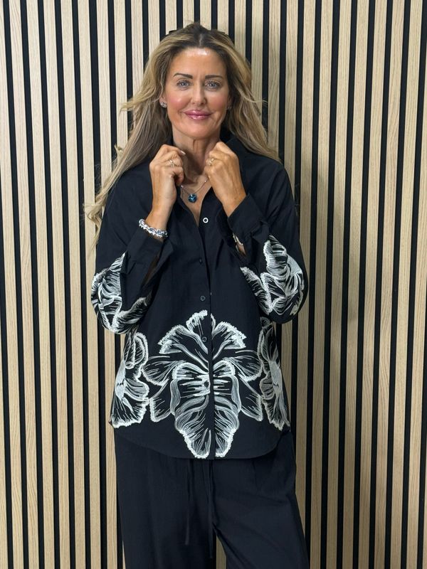 Floral Embroidered Trouser Suit Set - Black