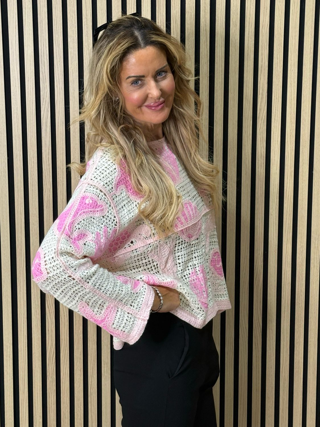 Seaside Crochet Knit Jumper - Cream/Pink