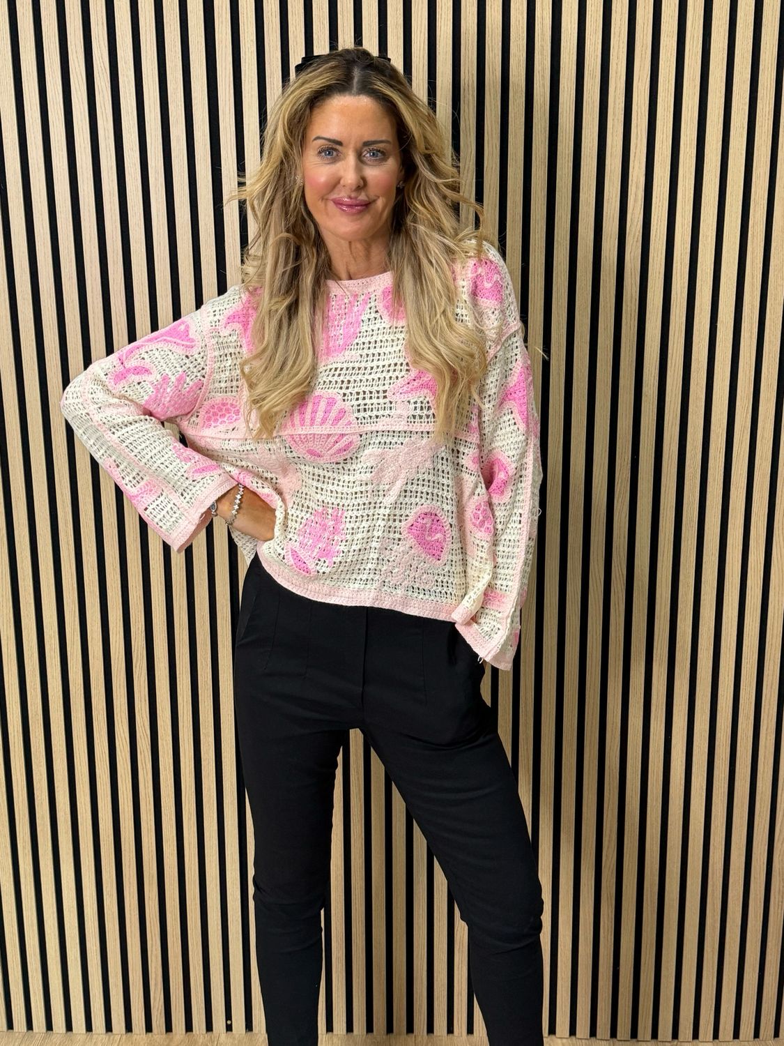 Seaside Crochet Knit Jumper - Cream/Pink