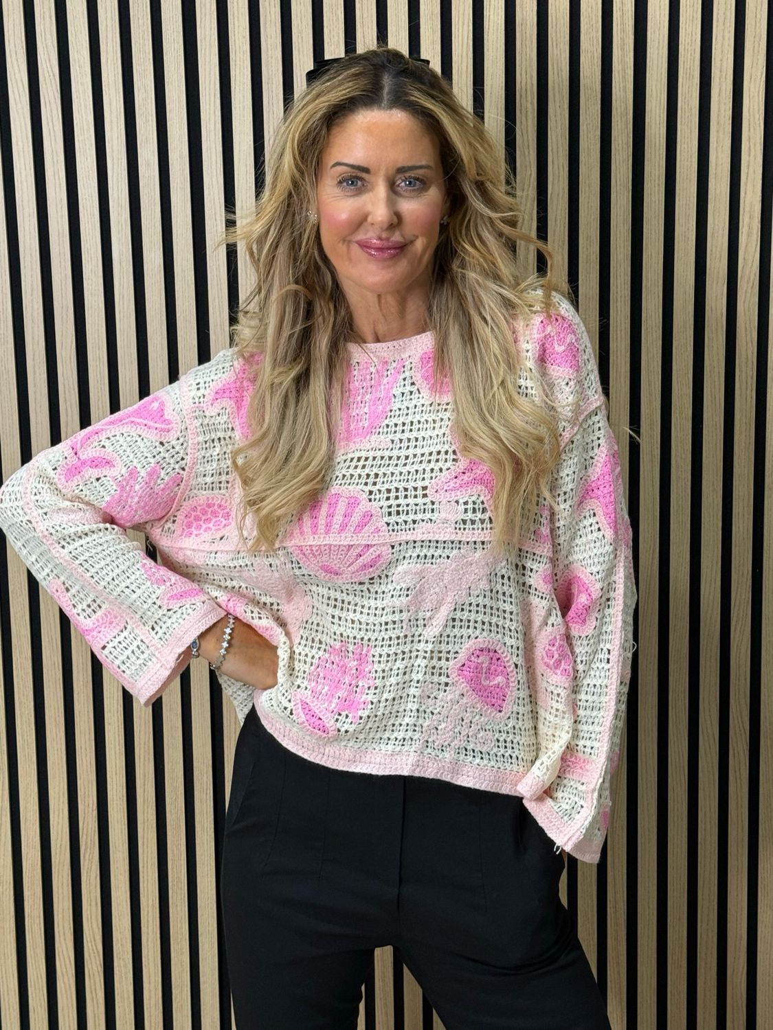 Seaside Crochet Knit Jumper - Cream/Pink