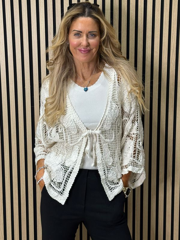 Boho Crochet Tie Front Top - Cream