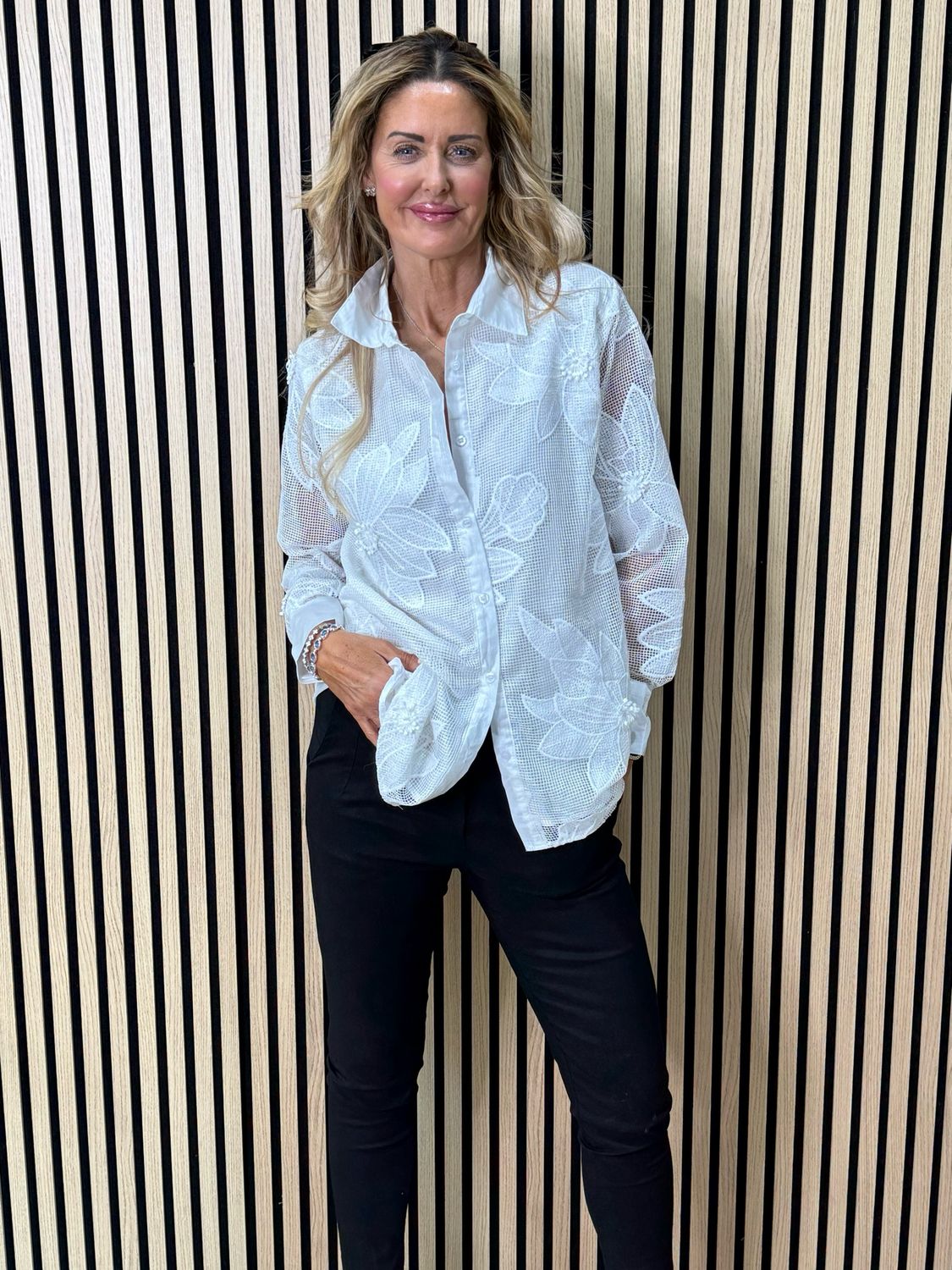 Floral Mesh Oversized Shirt - White
