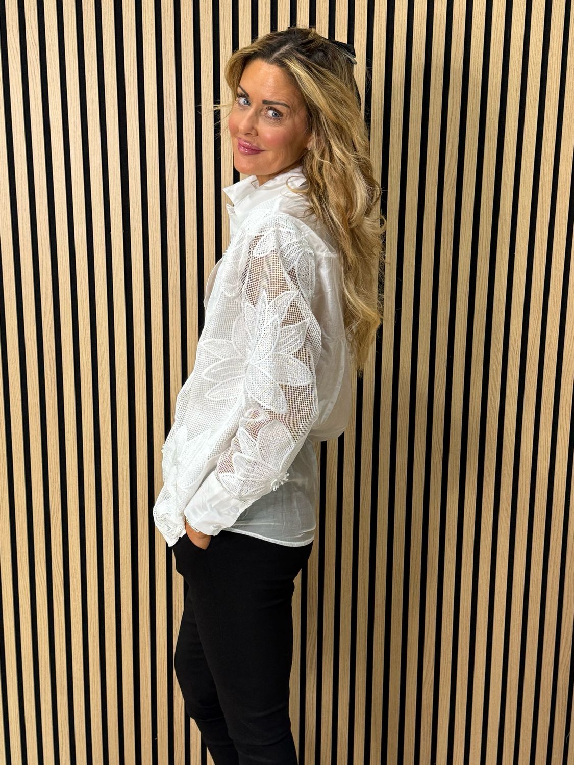 Floral Mesh Oversized Shirt - White
