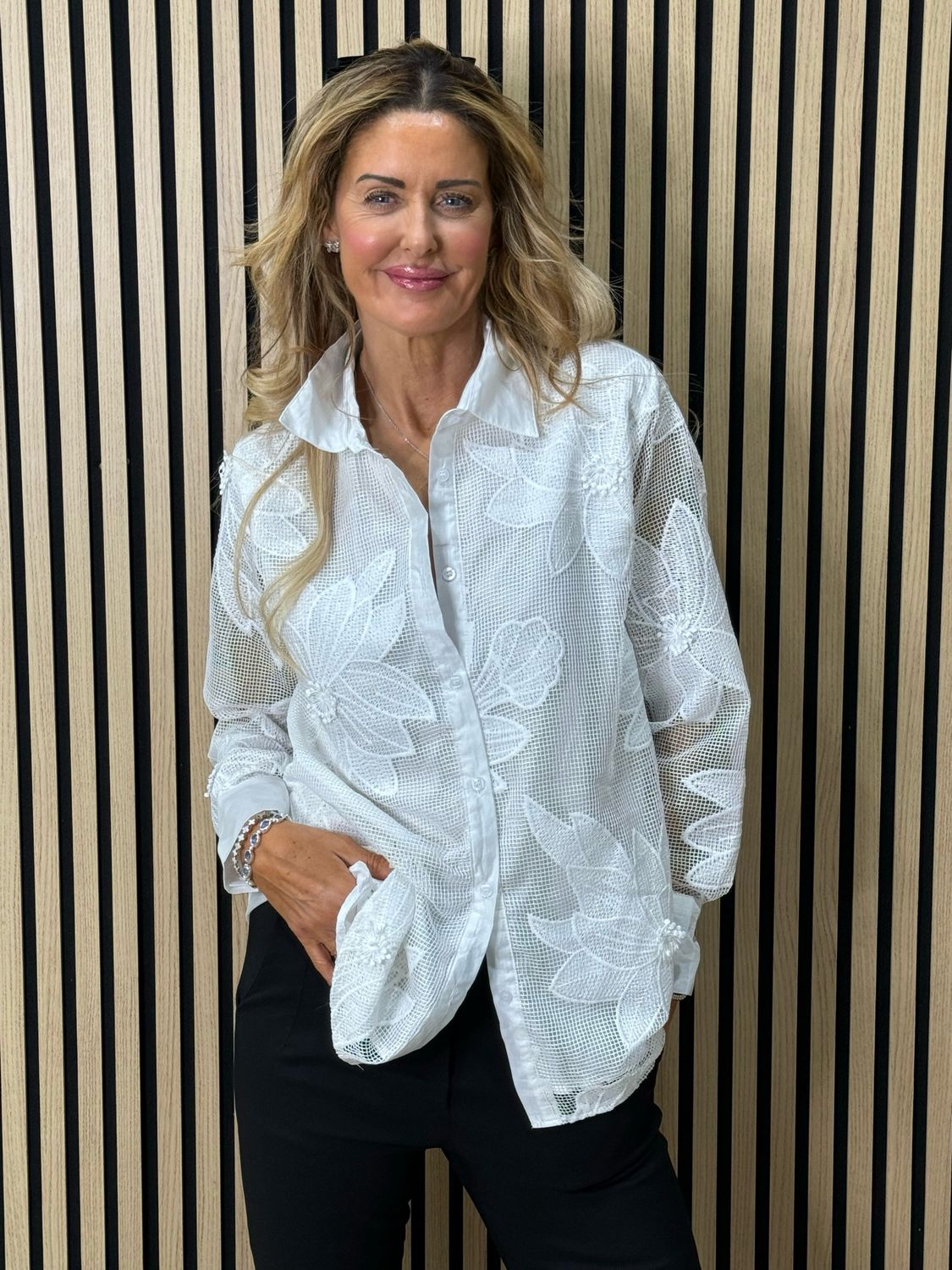 Floral Mesh Oversized Shirt - White