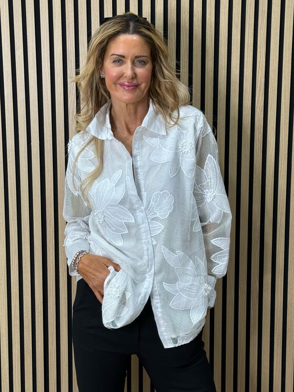 Floral Mesh Oversized Shirt - White