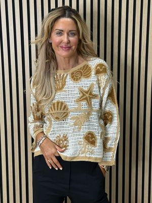 Seaside Crochet Knit Jumper - Cream/Taupe