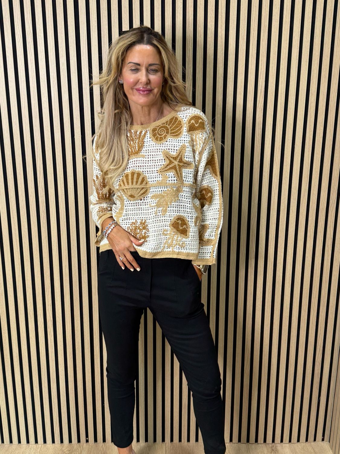 Seaside Crochet Knit Jumper - Cream/Taupe