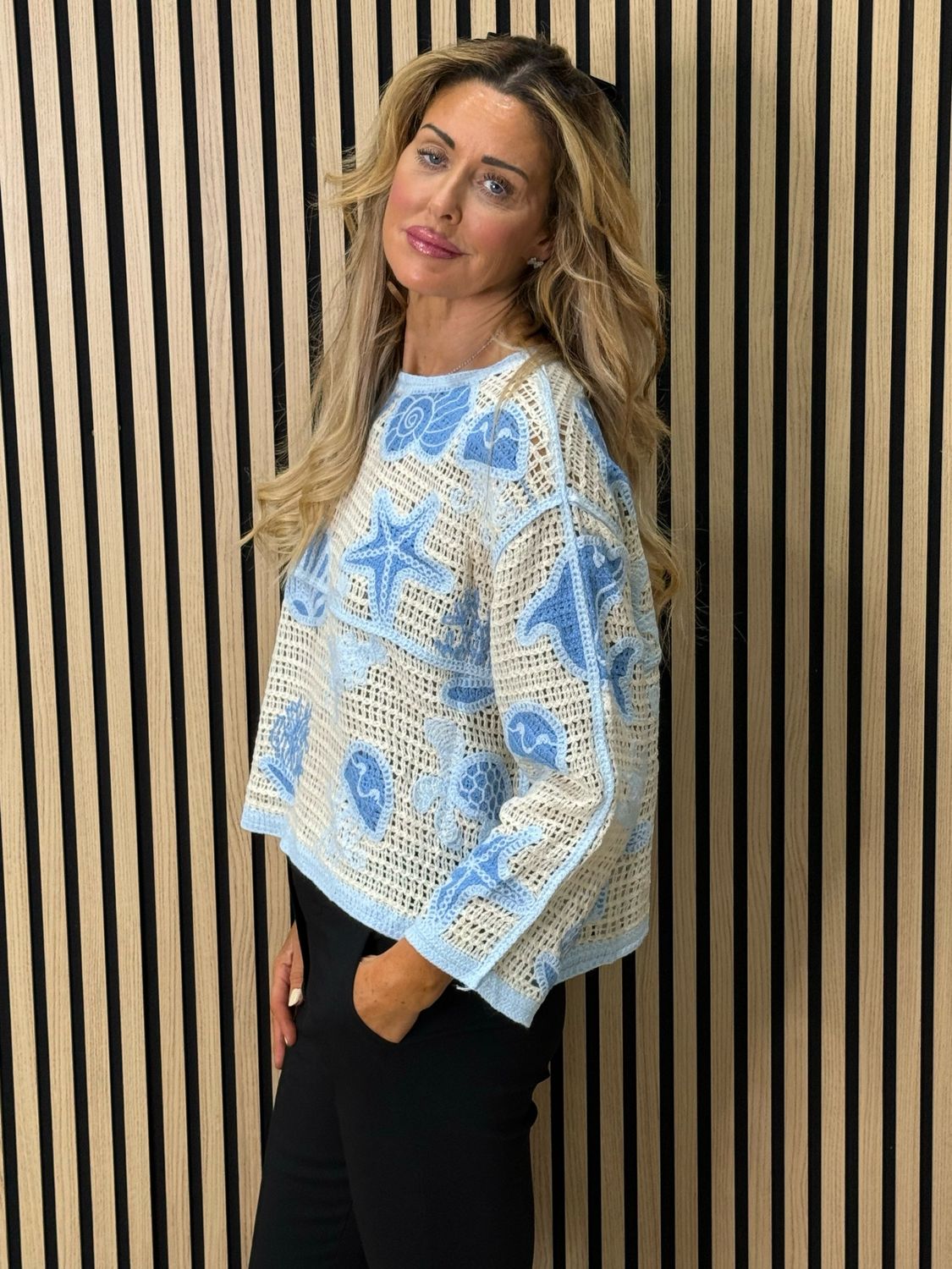 Seaside Crochet Knit Jumper - Cream/Blue