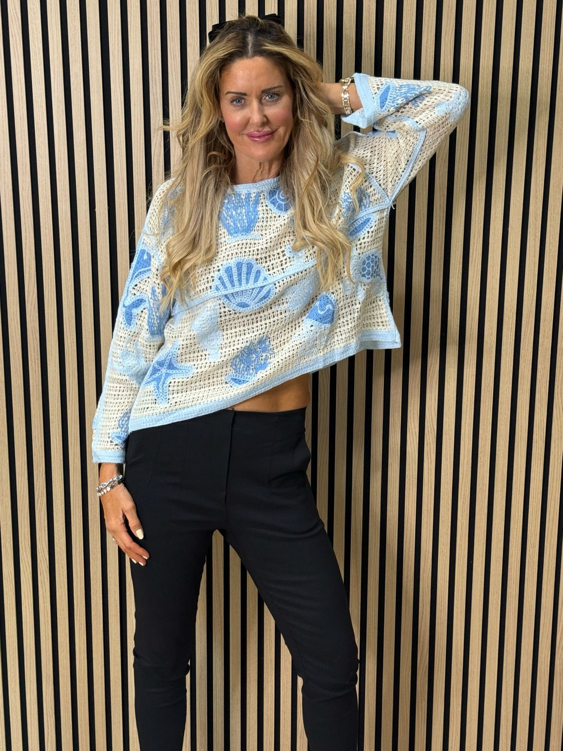 Seaside Crochet Knit Jumper - Cream/Blue