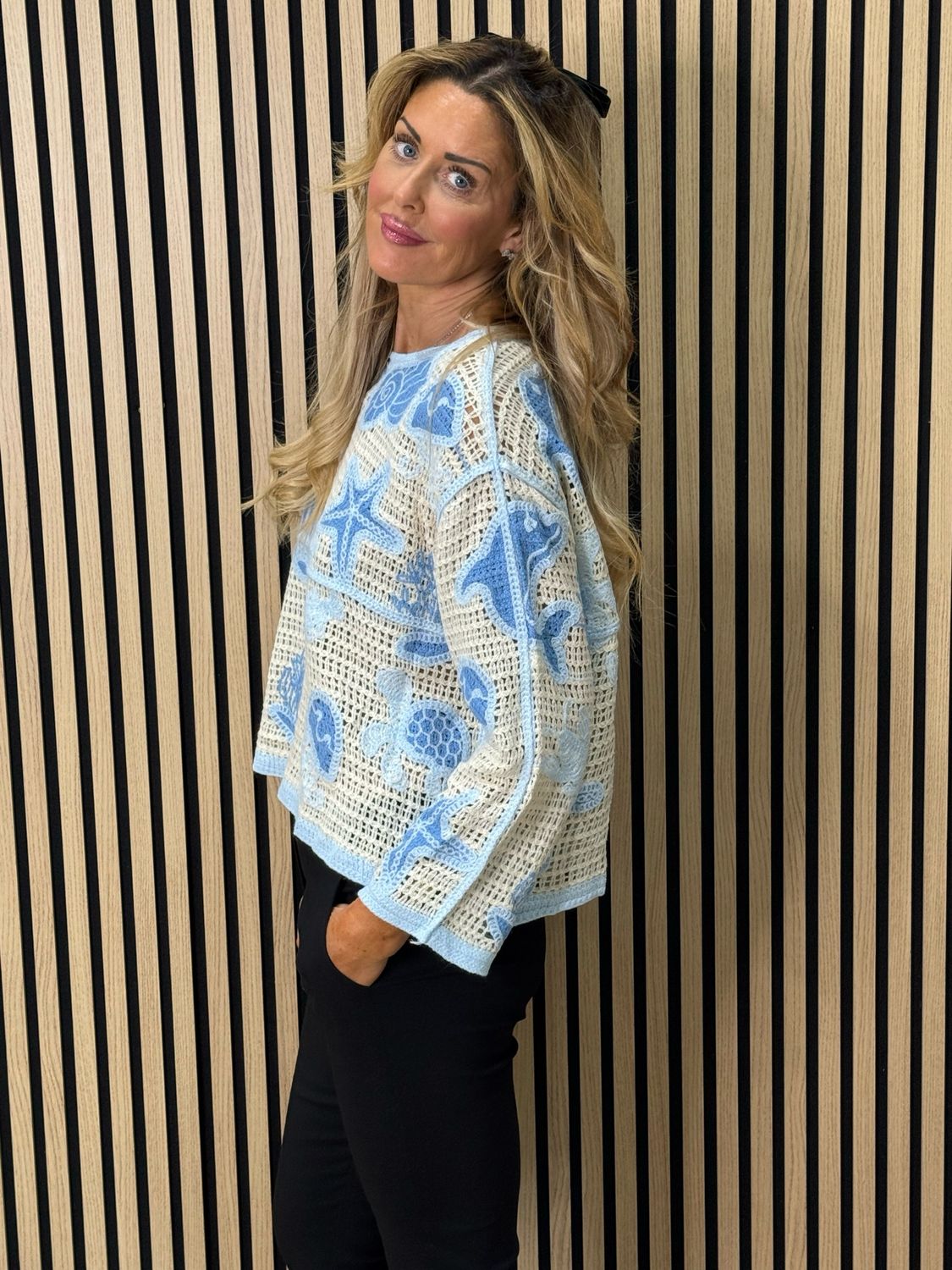 Seaside Crochet Knit Jumper - Cream/Blue