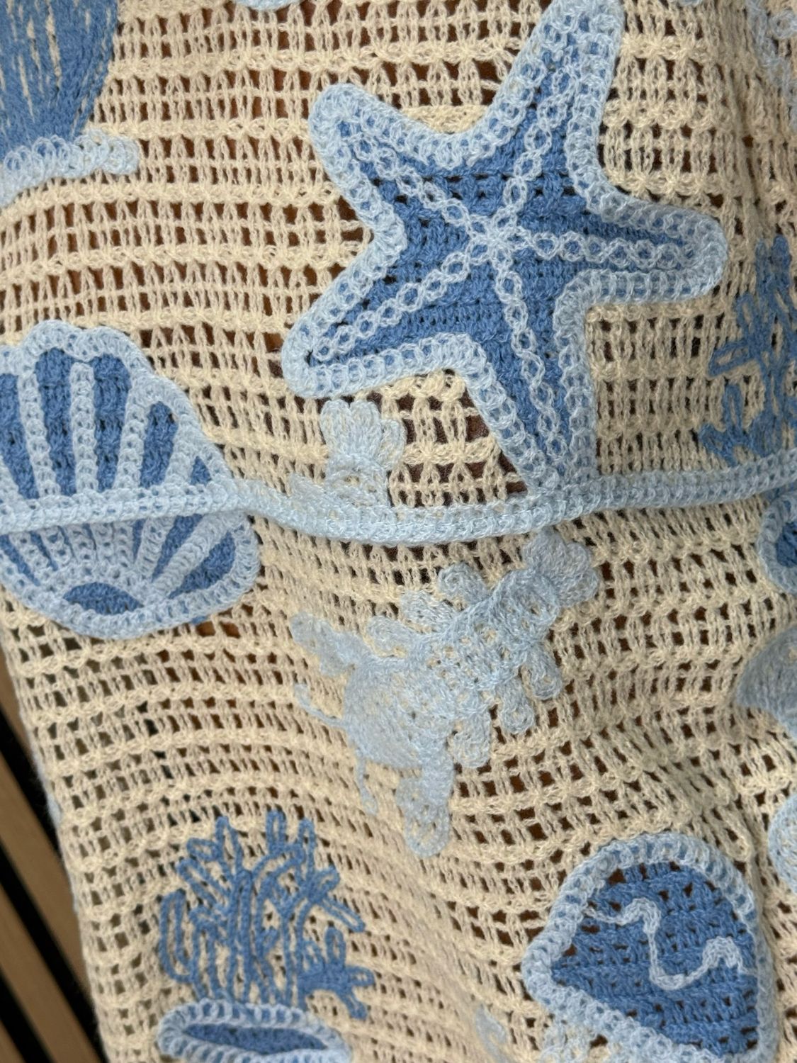 Seaside Crochet Knit Jumper - Cream/Blue