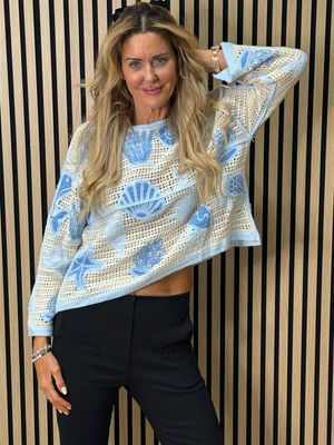 Seaside Crochet Knit Jumper - Cream/Blue