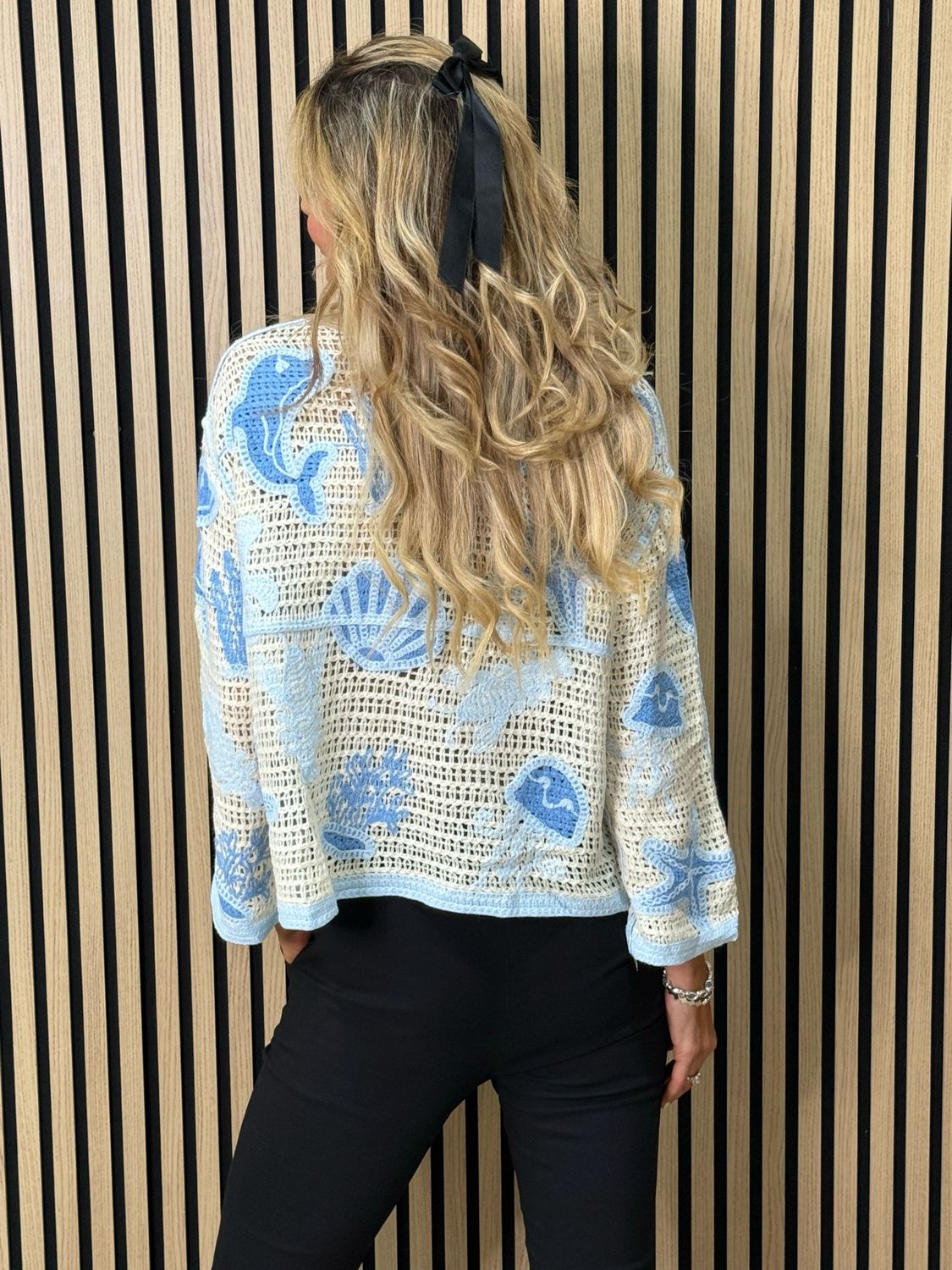 Seaside Crochet Knit Jumper - Cream/Blue