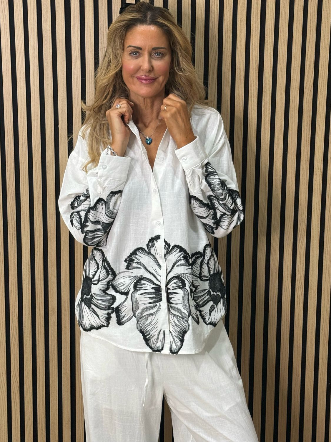 Floral Embroidered Trouser Suit Set - White