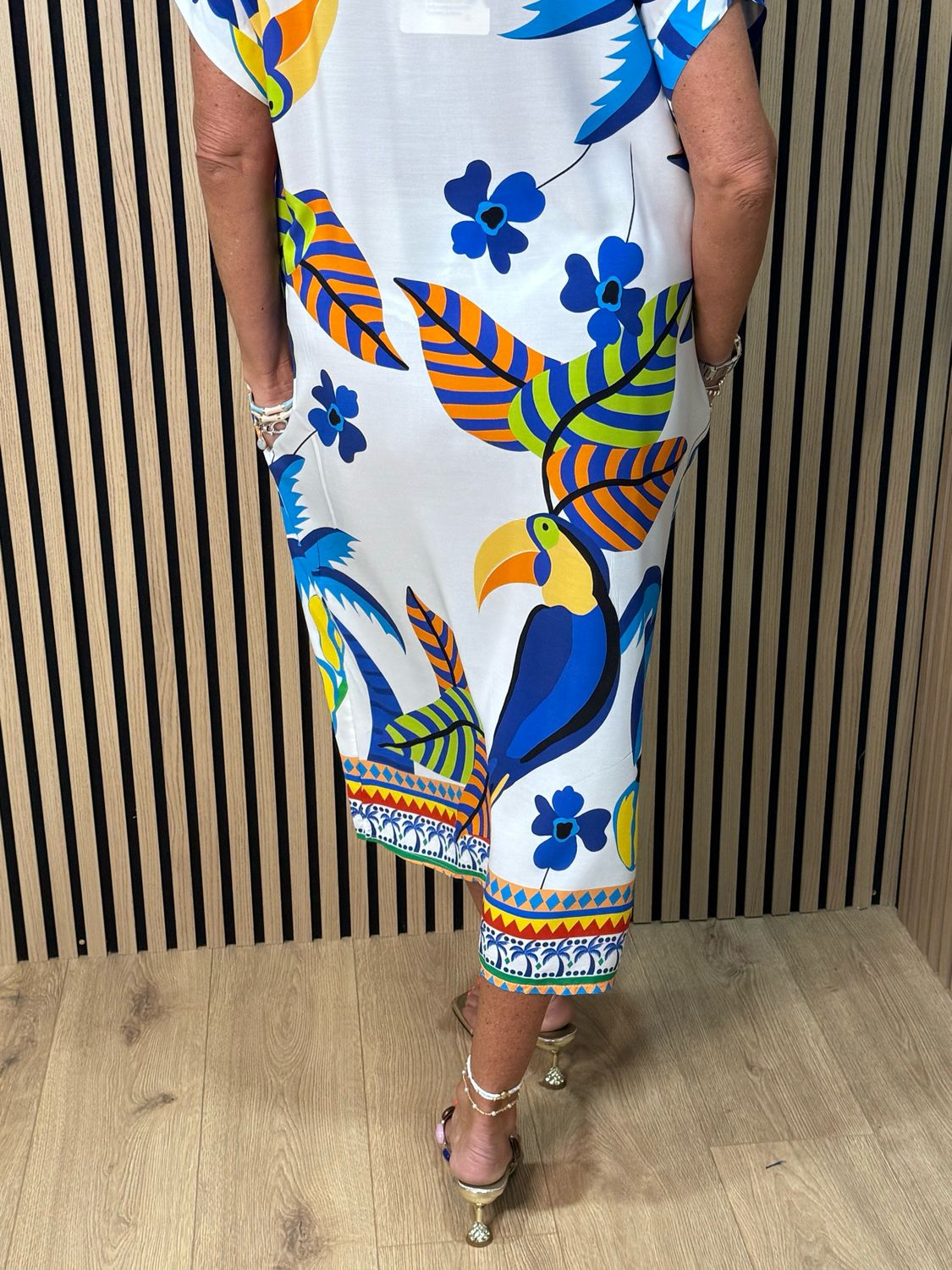 Tropical Print V-Neck Dress - Blue Multi