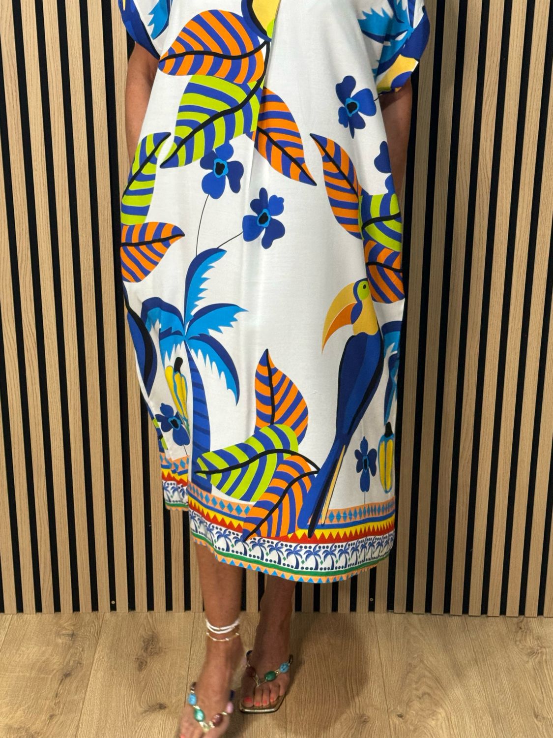 Tropical Print V-Neck Dress - Blue Multi