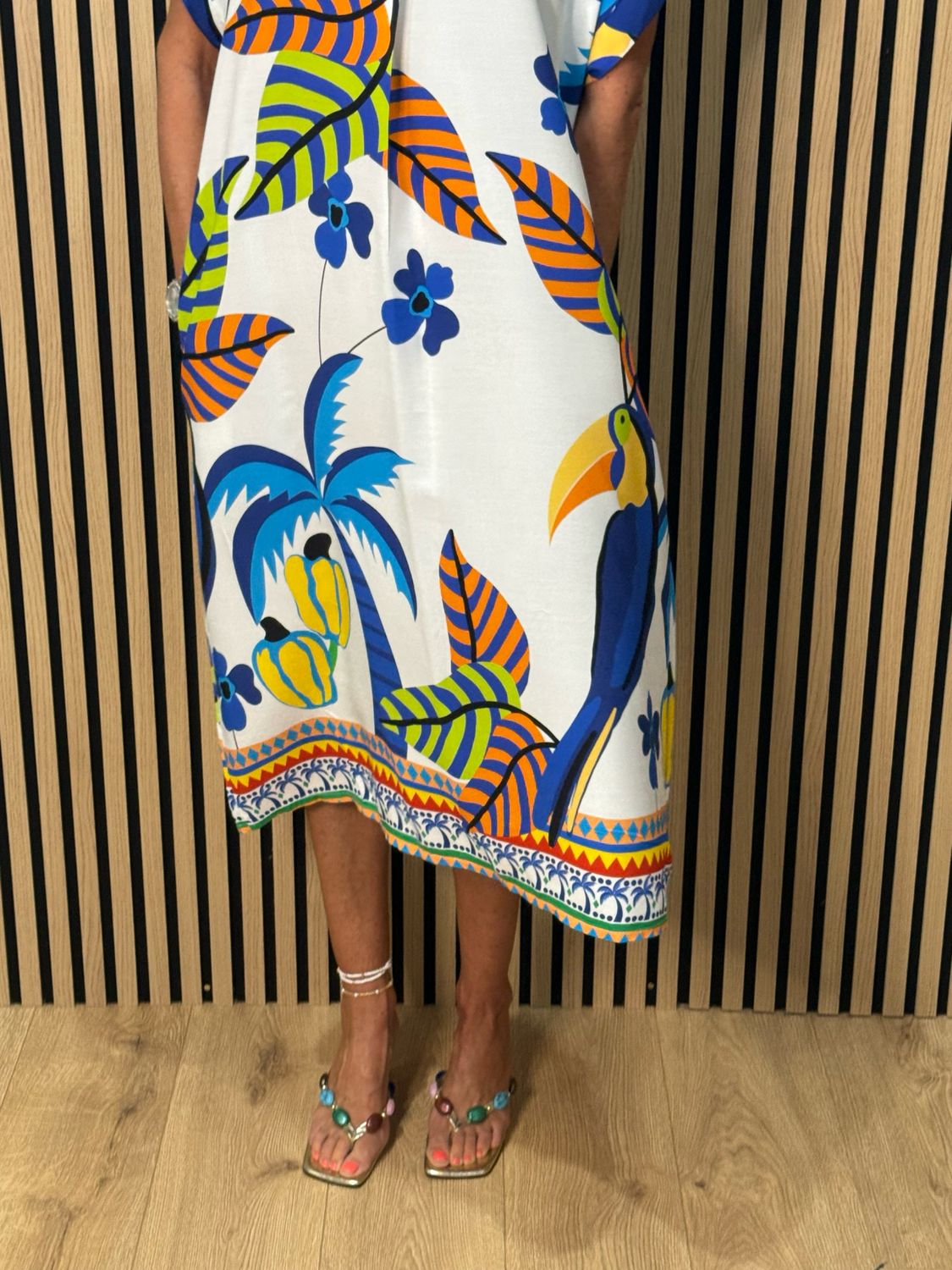 Tropical Print V-Neck Dress - Blue Multi