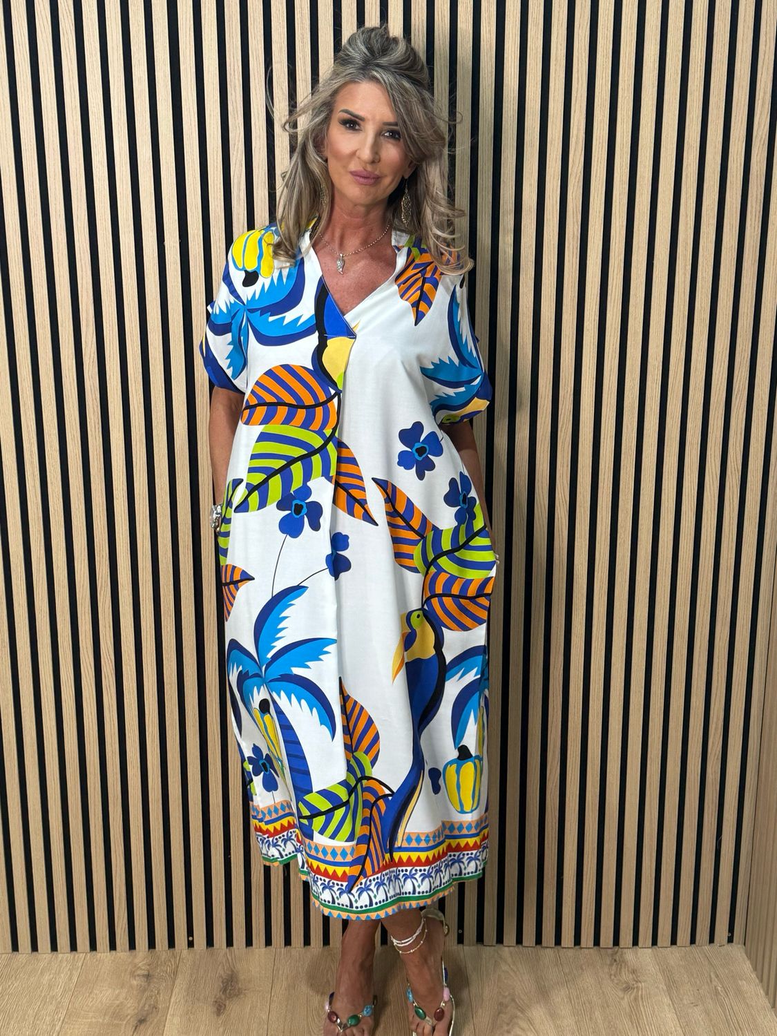 Tropical Print V-Neck Dress - Blue Multi