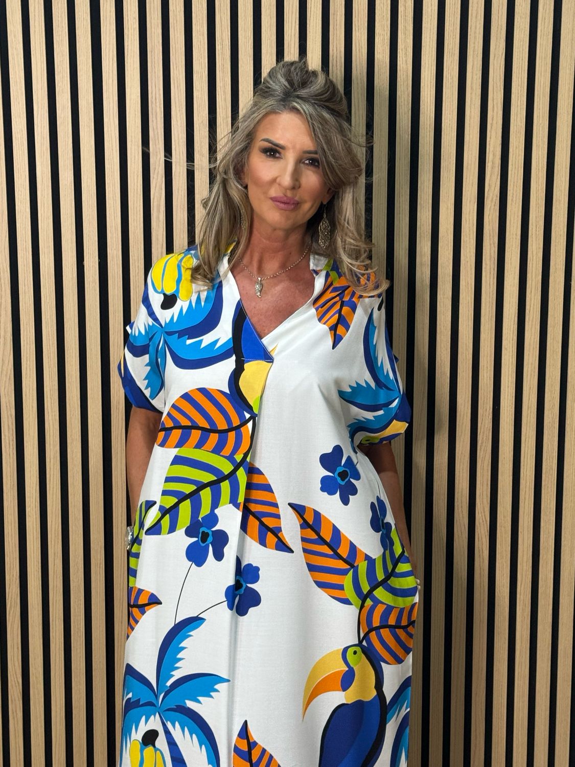 Tropical Print V-Neck Dress - Blue Multi