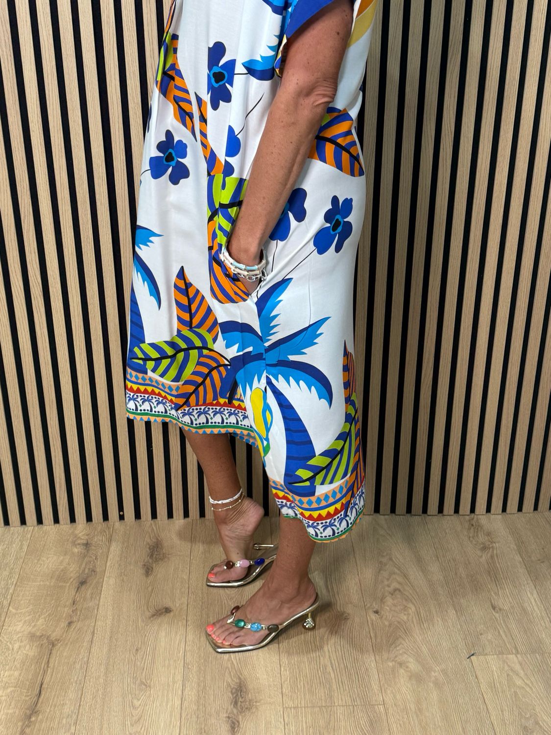 Tropical Print V-Neck Dress - Blue Multi
