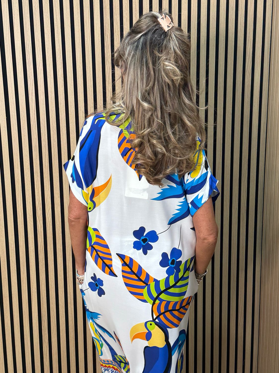 Tropical Print V-Neck Dress - Blue Multi