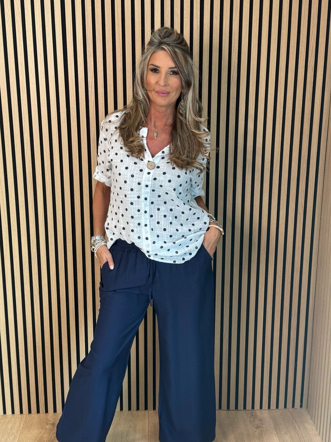 Polka Dot Button Detail Shirt - White