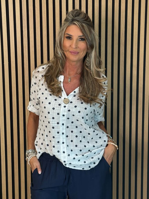 Polka Dot Button Detail Shirt - White