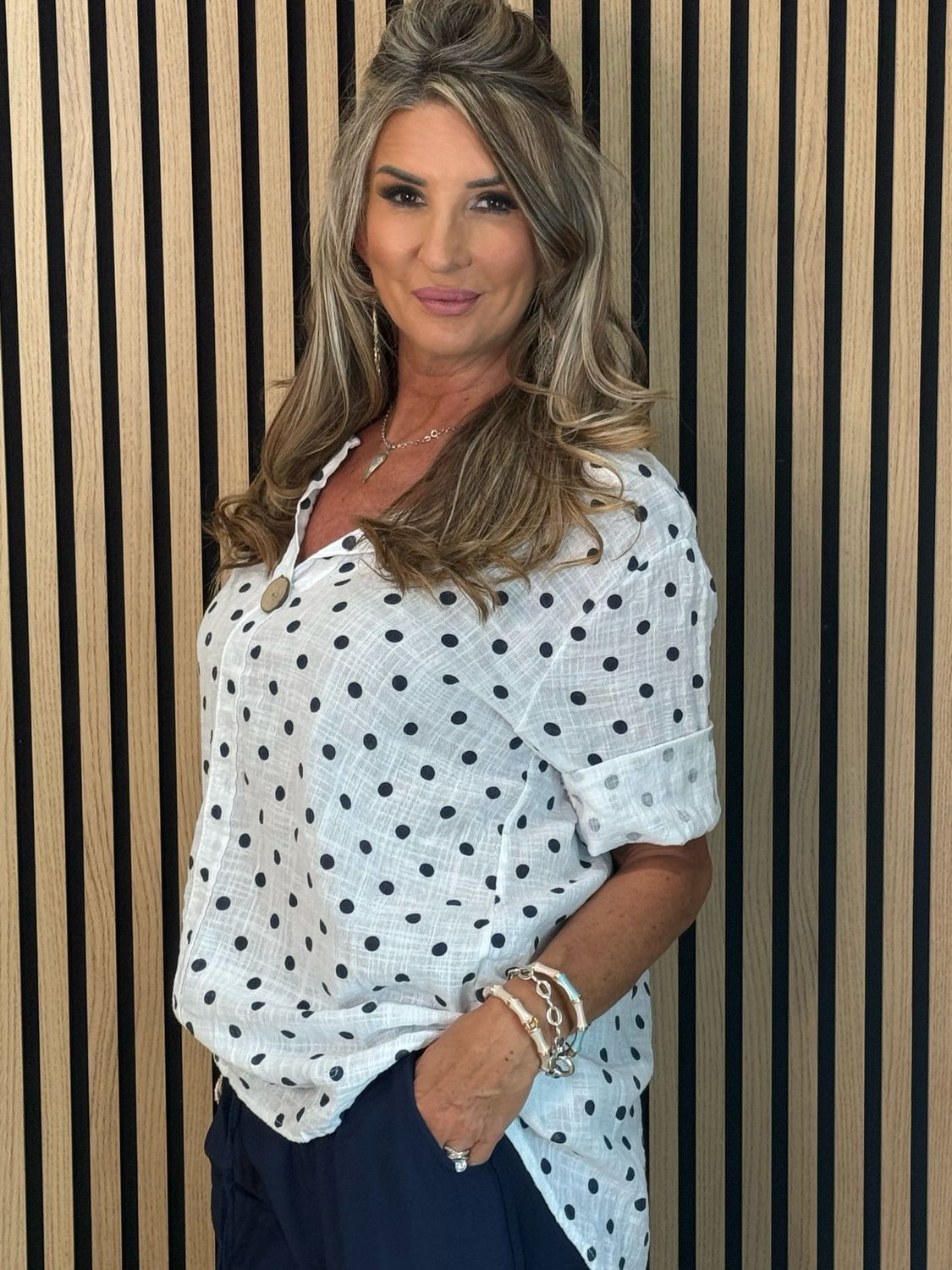 Polka Dot Button Detail Shirt - White
