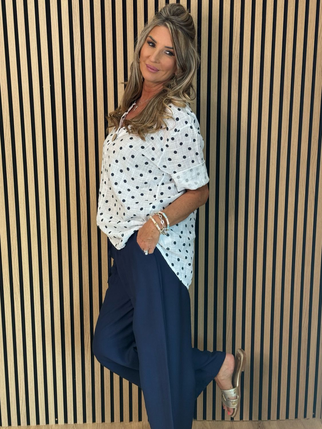 Polka Dot Button Detail Shirt - White