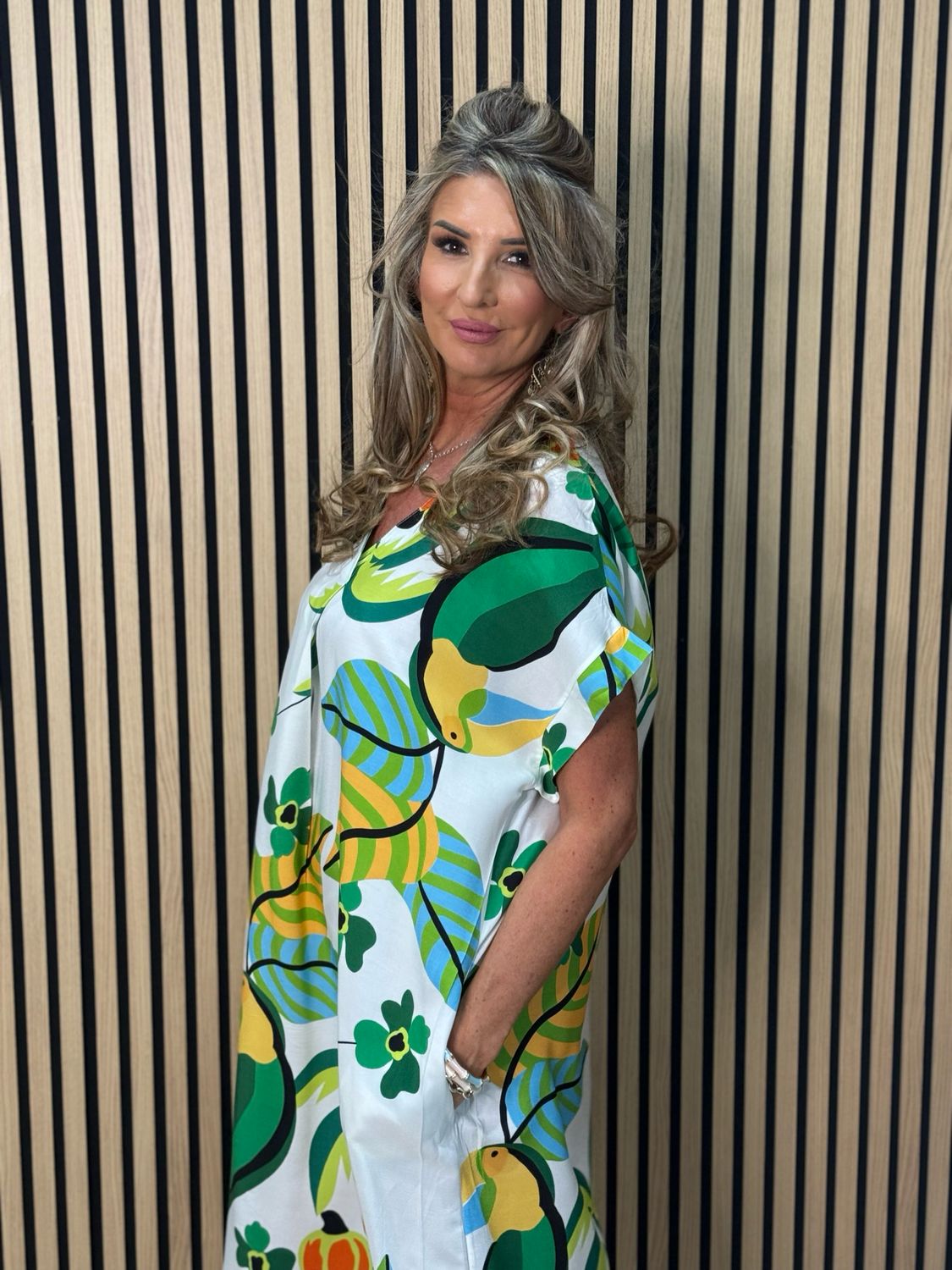 Tropical Print V-Neck Dress - Green Multi