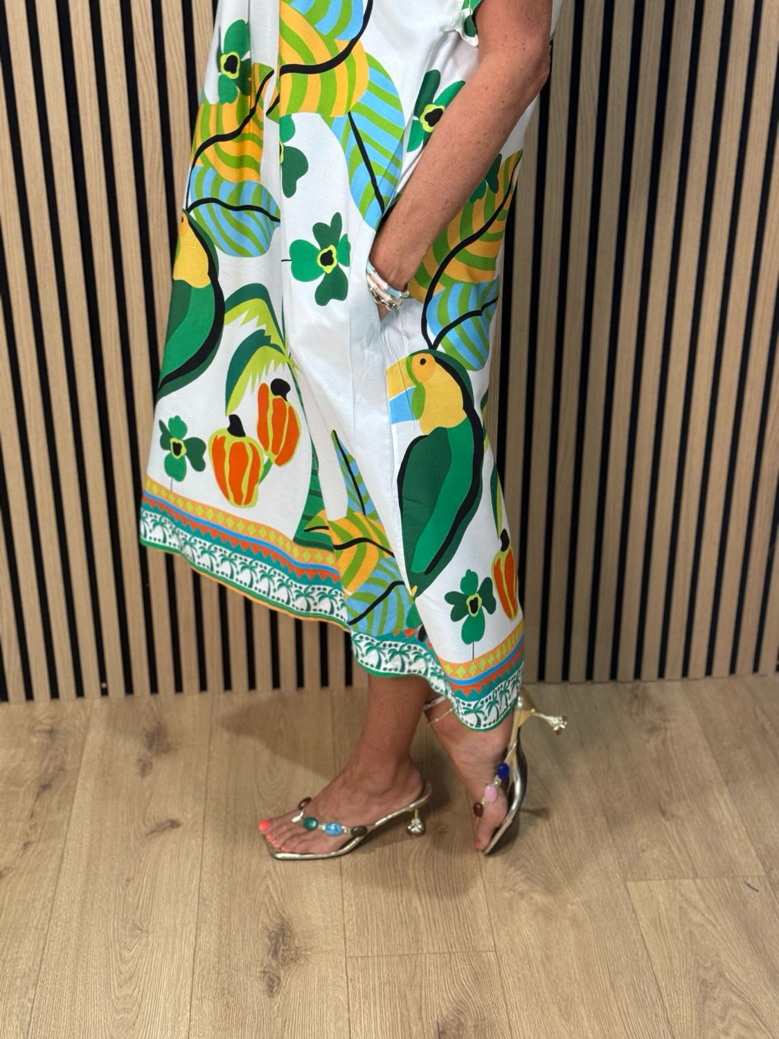 Tropical Print V-Neck Dress - Green Multi