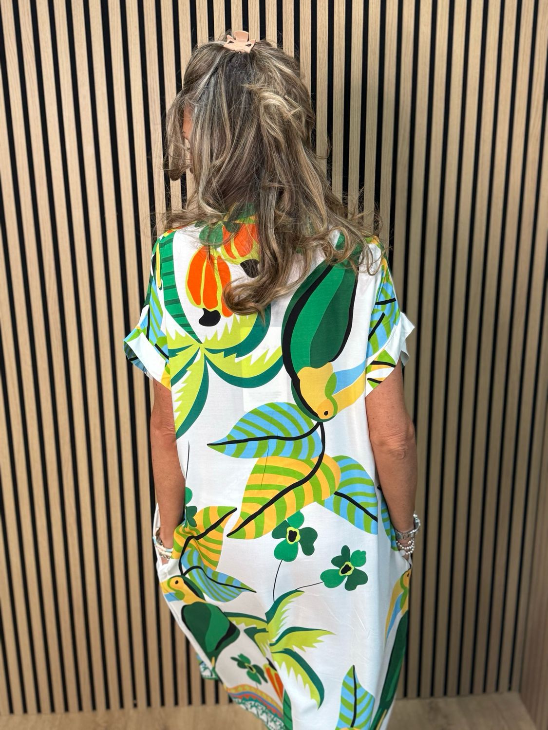 Tropical Print V-Neck Dress - Green Multi