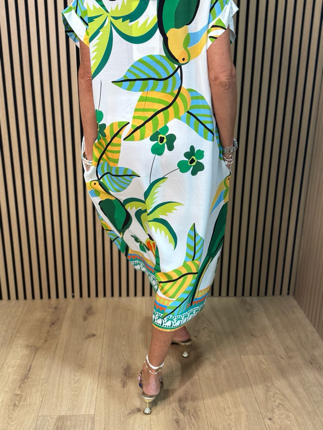 Tropical Print V-Neck Dress - Green Multi