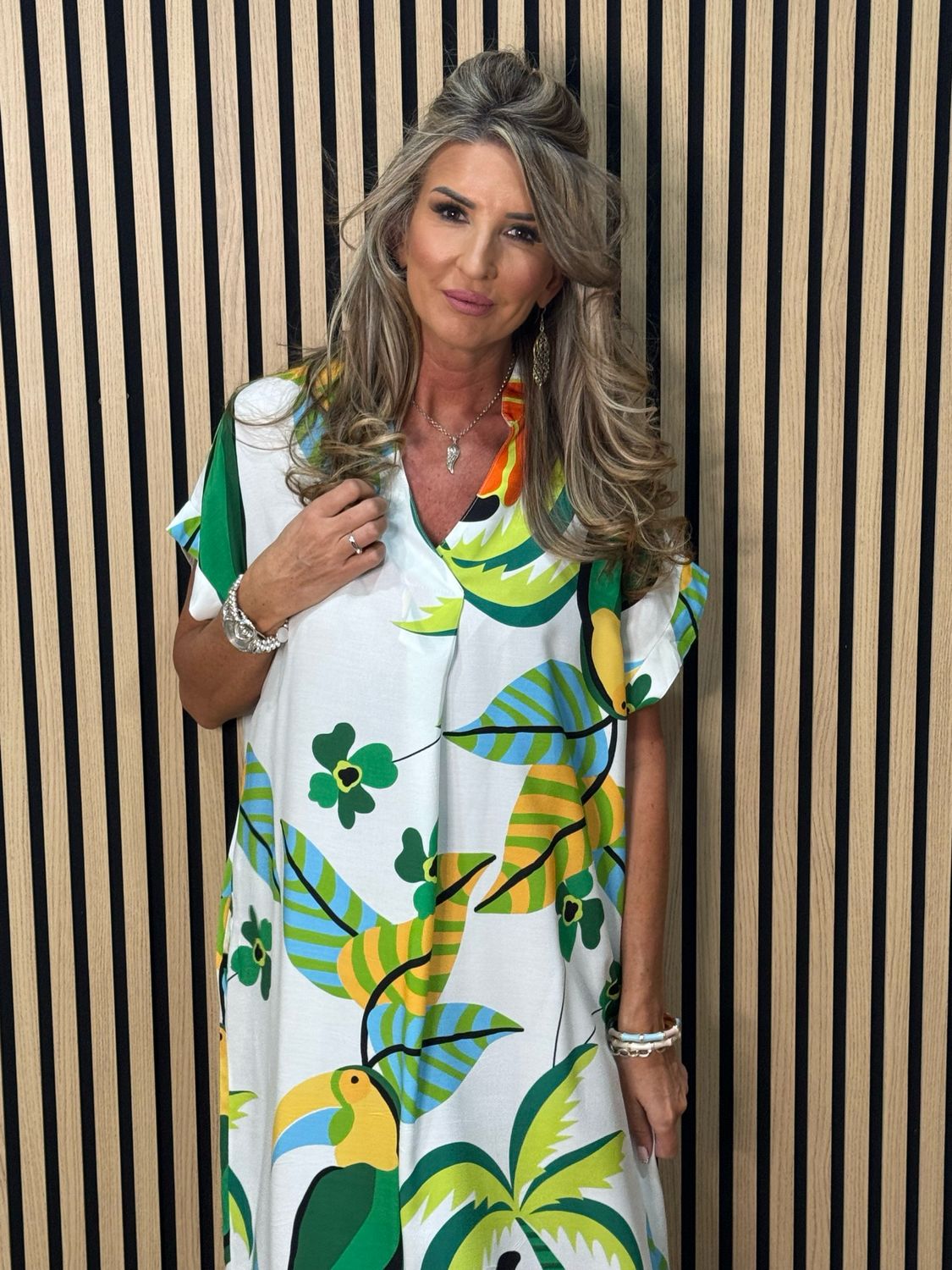 Tropical Print V-Neck Dress - Green Multi